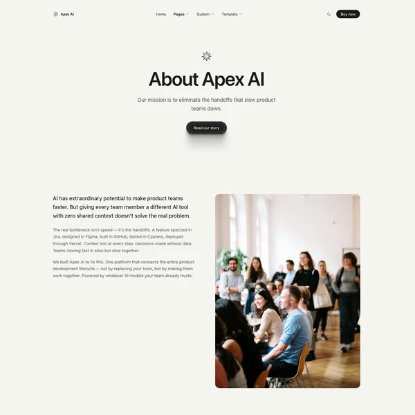 APEX about page with company mission and team photo