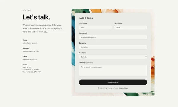 APEX contact page with form and office details