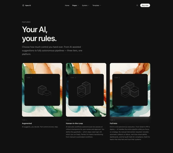 APEX features page in dark mode with three-tier AI modes