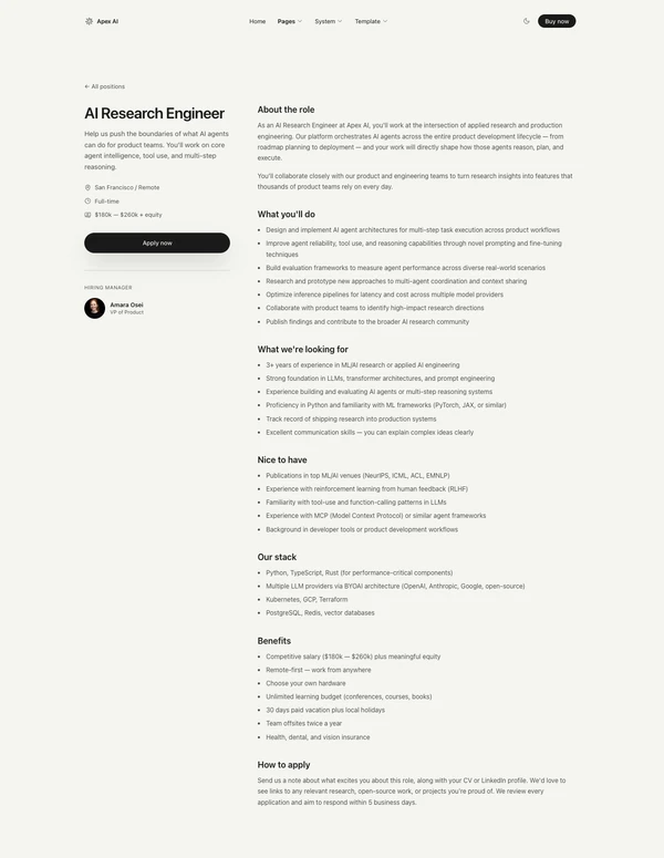 APEX job detail page with role description and benefits