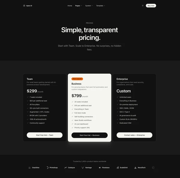 APEX pricing page in dark mode with three tiers