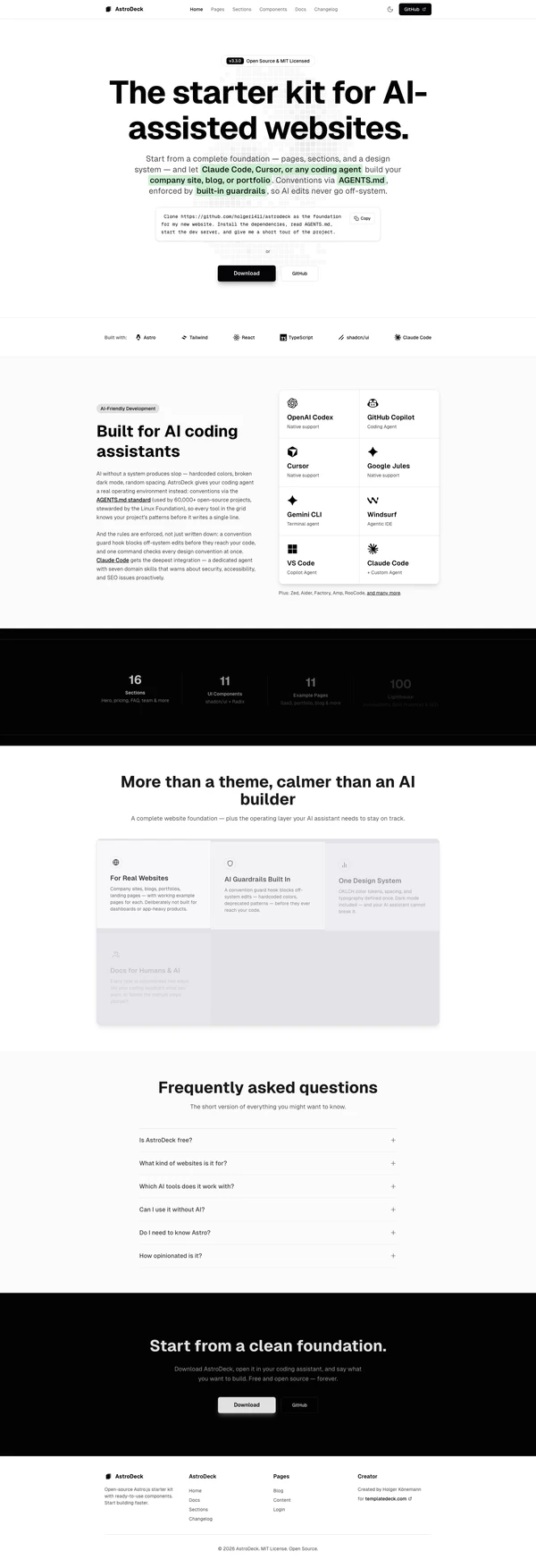 AstroDeck full page overview showing all homepage sections