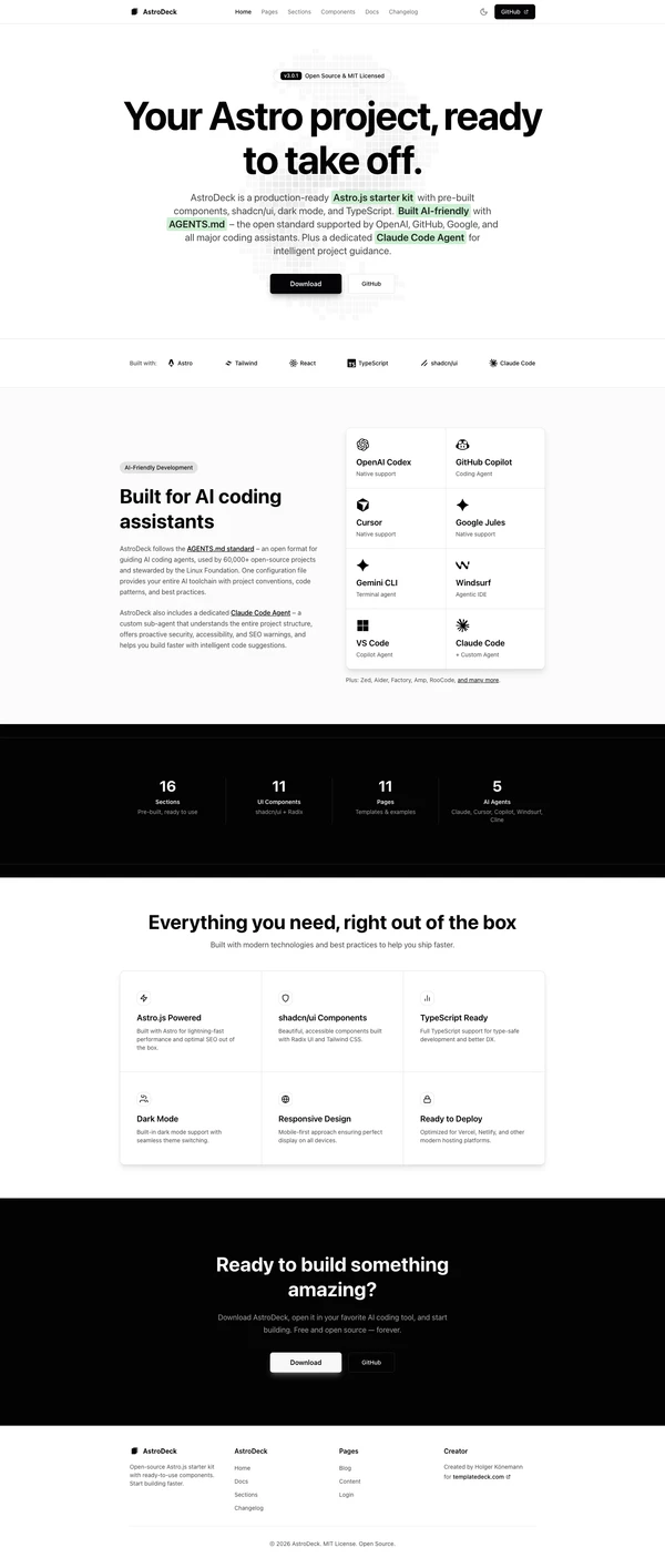 AstroDeck full page overview showing all homepage sections