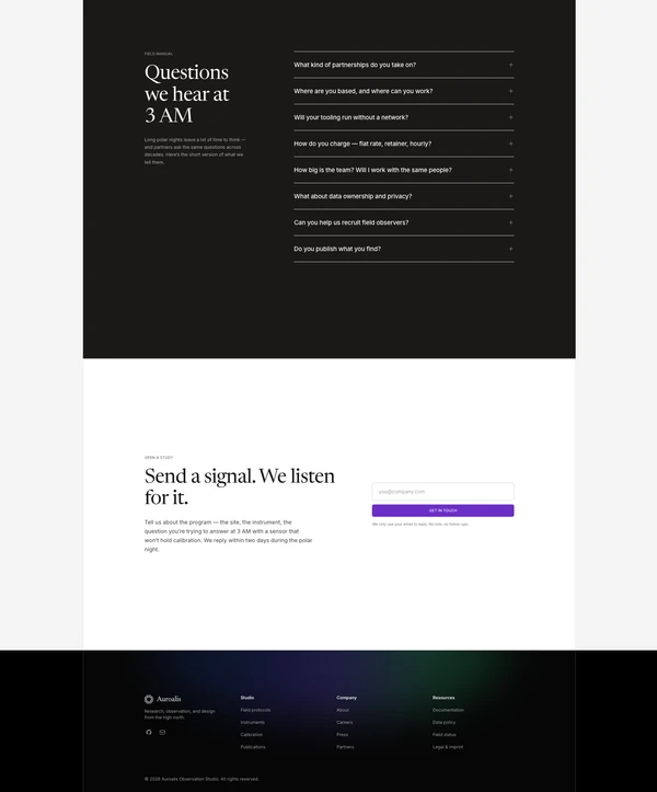 AUROALIS FAQ accordion, contact form, and dark footer