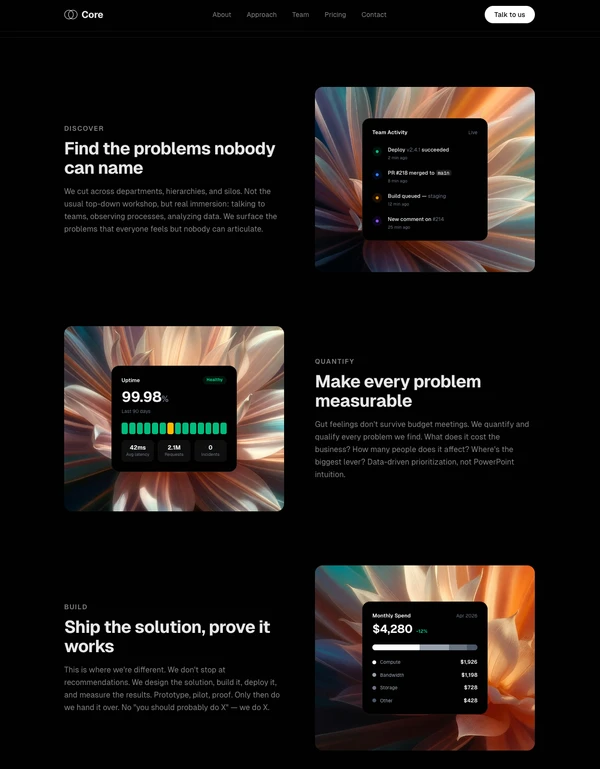 COCOON approach section — three zigzag rows with UI cards and floral backgrounds