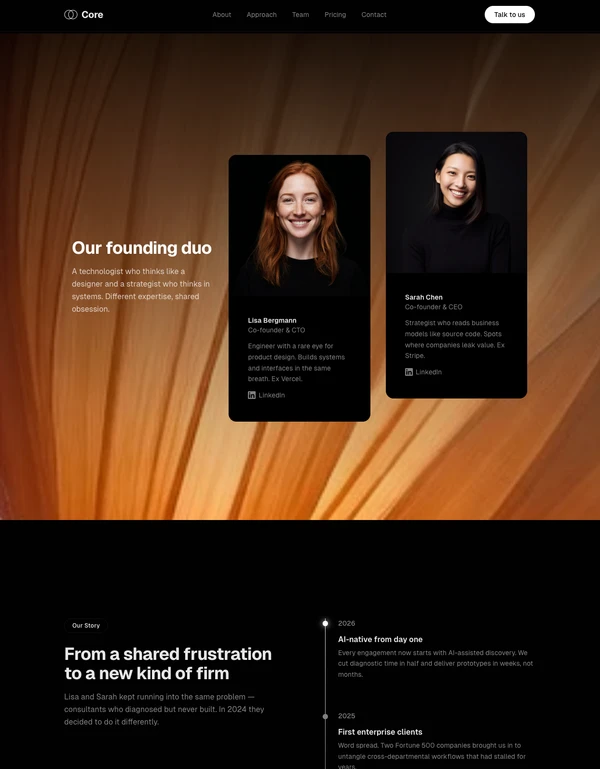 COCOON founders section with team portraits on floral background and company timeline
