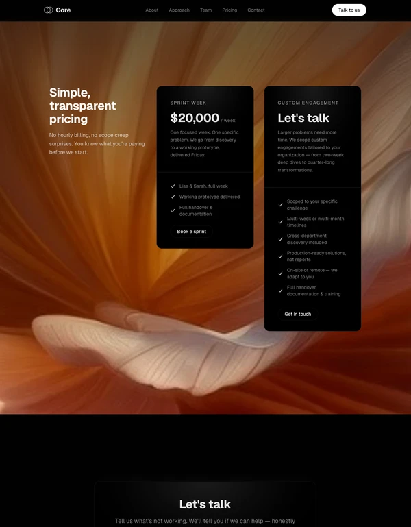 COCOON pricing cards and contact form with floral background