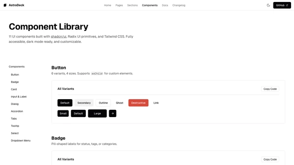 AstroDeck components page with shadcn/ui component demos
