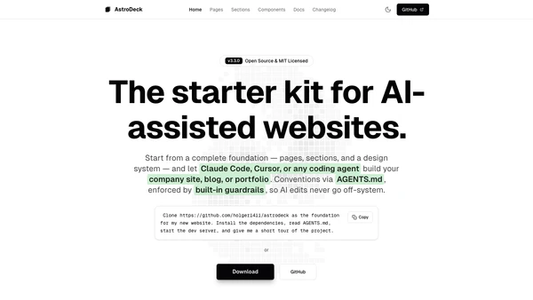 AstroDeck homepage hero section with headline and CTA buttons