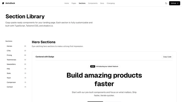 AstroDeck sections library page showing pre-built page sections