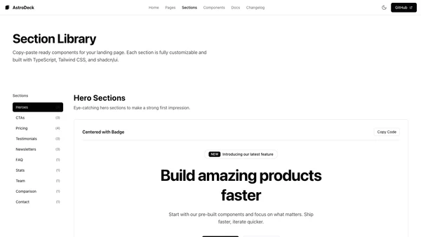 AstroDeck sections library page showing pre-built page sections